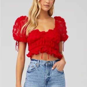 For Love & Lemons Hannah Rose Red Puff-Sleeve Lace Crop Top